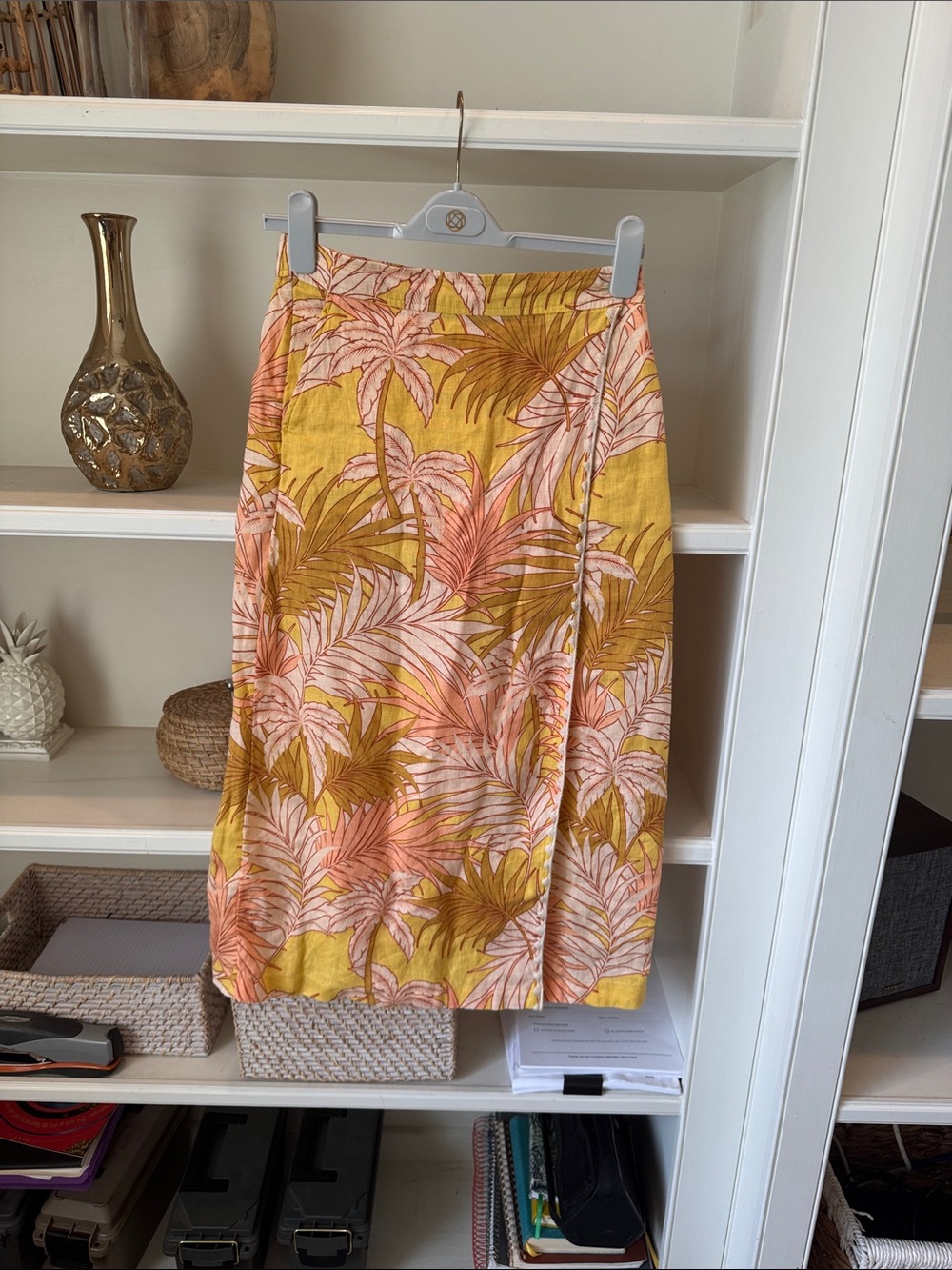 Tahari Yellow Midi Skirt with Pink Tropical Print 100% linen